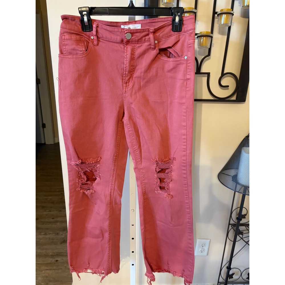 Risen Jeans Womens 9/29 Pink Distressed Straight Leg Raw Hem High Rise Denim